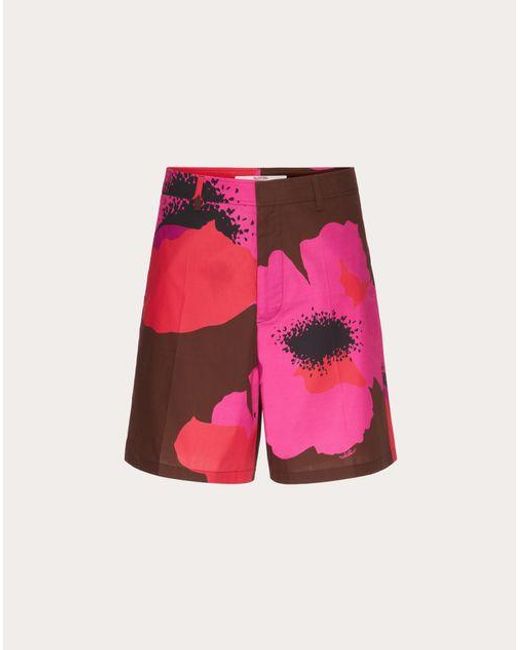 Valentino Pink Cotton Poplin Bermuda Shorts With Flower Portrait Print for men