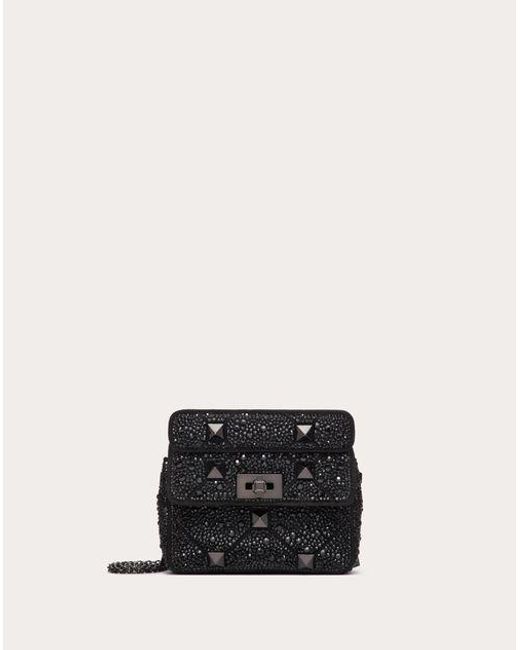 Valentino Garavani Black Small Roman Stud The Shoulder Bag And Chain With Sparkling Embroidery
