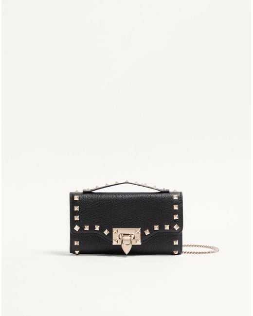 Valentino Garavani White Rockstud Grainy Calfskin Wallet With Chain Strap