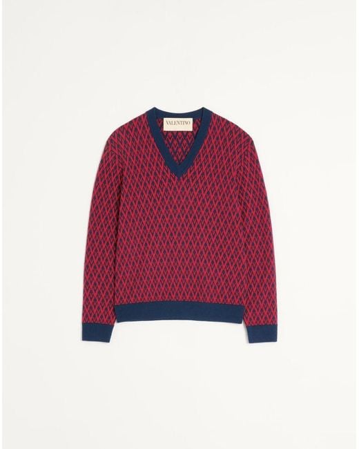 Valentino Red Wool Jumper With Toute La V Jacquard Pattern for men