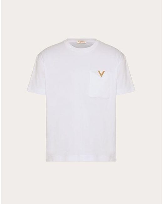 Valentino White Cotton T-shirt With Metallic V Detail for men