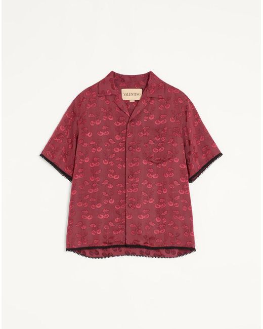 Valentino Red Viscose Bowling Shirt With Cherryfic Jacquard Pattern for men