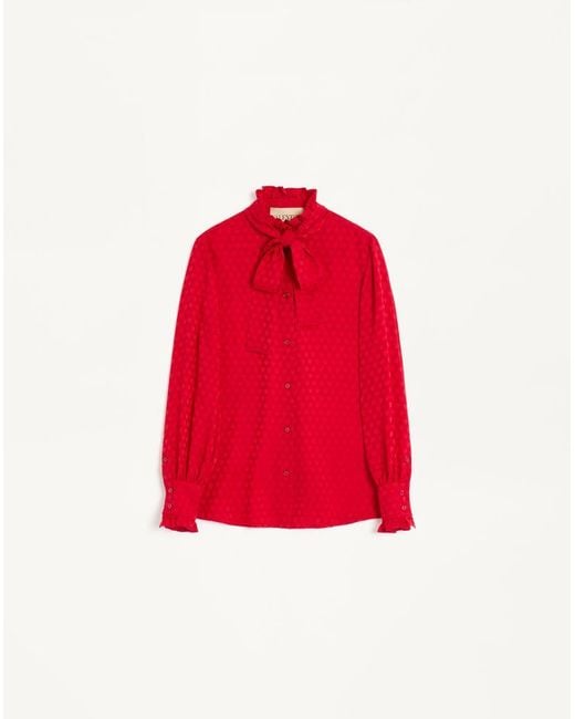 Valentino Red Crepe De Chine Shirt With La Cour De Coeur Print