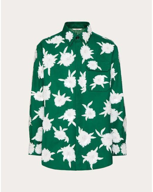 Valentino Green Double Cotton Shirt Jacket With Embroidered Sequin Flowers for men