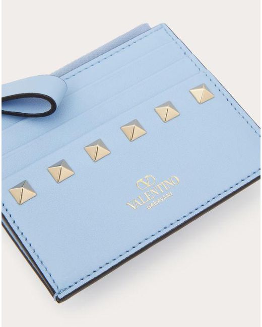 Valentino Garavani Blue Rockstud Calfskin Cardholder With Zip