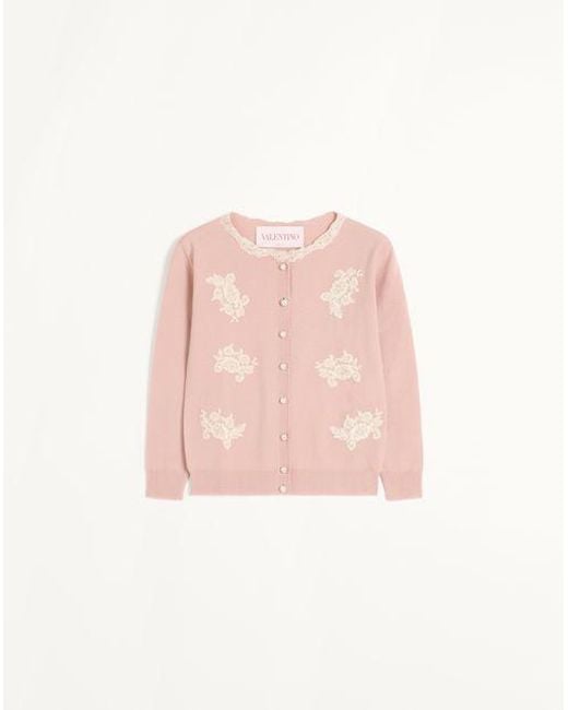 Valentino Pink Embroidered Cardigan With Lace Inserts