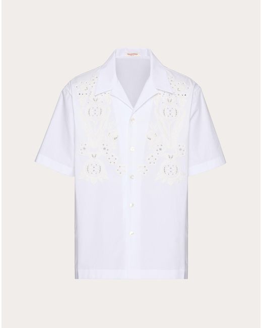 Valentino White Bowling Shirt In Cotton Poplin With Pomegranate Embroidery for men
