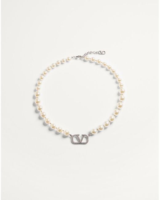 Valentino Garavani White Vlogo Signature Necklace With Pearls And Swarovski Crystals