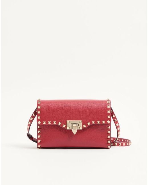 Valentino Garavani Red Small Rockstud Grainy Calfskin Crossbody Bag Rosso