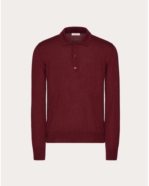 Valentino Red Long-sleeve Cashmere And Silk Polo Shirt With Vlogo Signature Embroidery for men