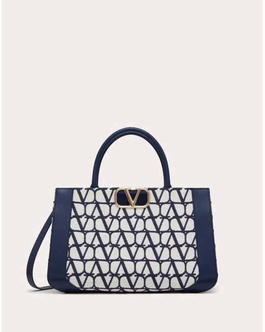 Valentino Garavani Blue Medium Vlogo Signature Handbag In Cotton Toile Iconographe