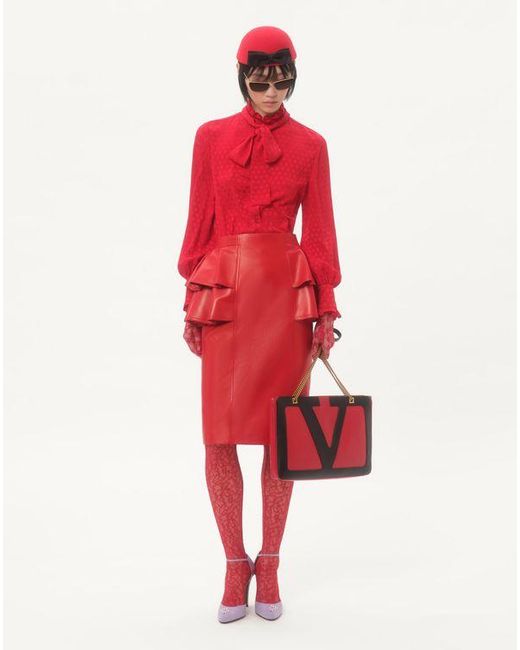 Valentino レザー ミディスカート 女性 レッド Red