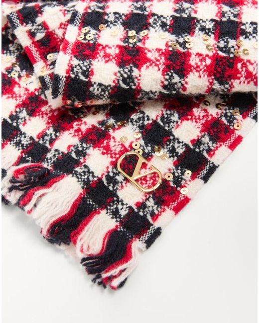 Valentino Garavani Vロゴ シグネチャー ウール X カシミア X ルレックス スカーフ 女性 ネイビー/レッド White