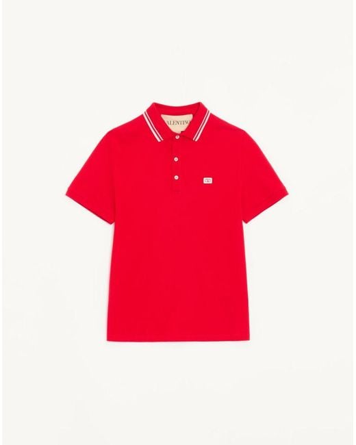 Valentino Red Cotton Piqué Polo Shirt With Vlogo Patch for men