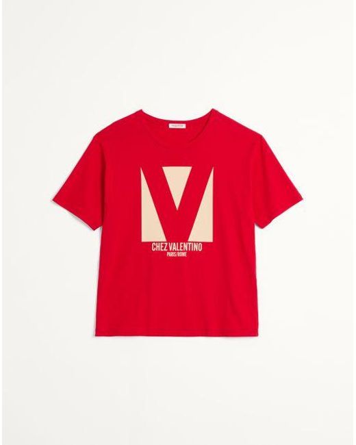 Valentino Red Cotton T-Shirt With Chez Print for men