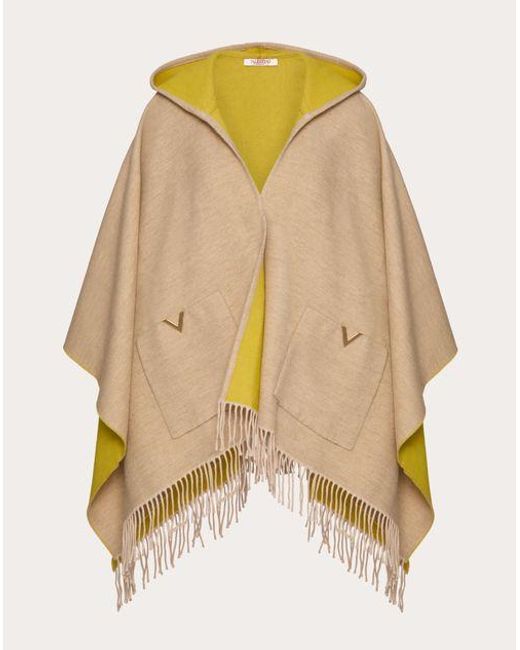 Valentino Garavani Yellow V Detail Wool And Cashmere Poncho With Hood And Metal V Appliqué