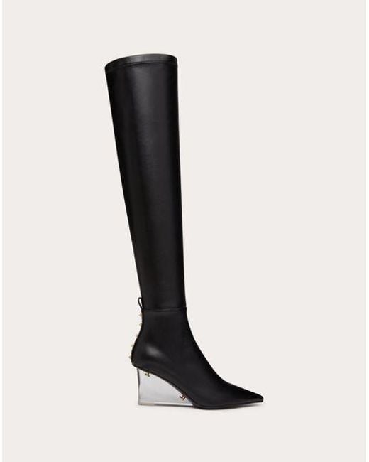 Valentino Garavani Black Rockstud Over-the-knee Boot In Stretch Synthetic Material 75mm