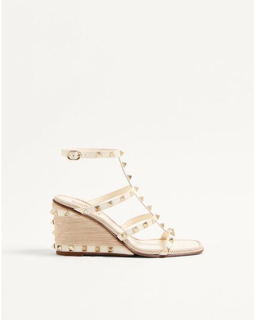 Valentino Garavani Natural Rockstud Calfskin Wedge Sandal With Cornely Embroidery 80Mm 35.5