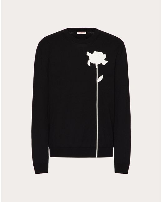 Valentino Black Wool Crewneck Jumper With Flower Embroidery for men