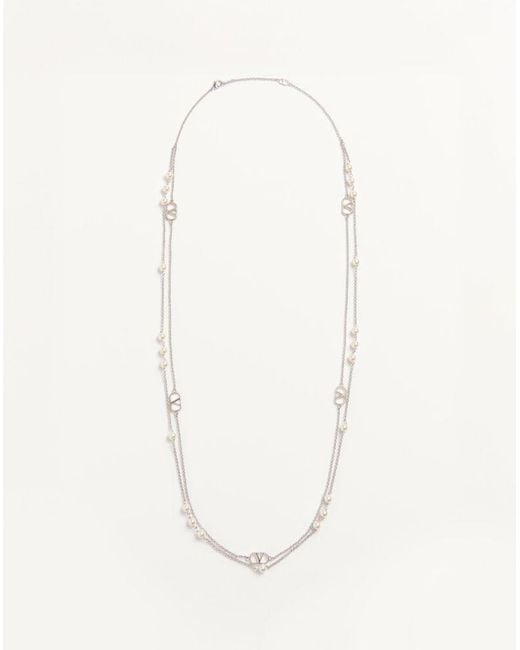 Valentino Garavani White Vlogo Signature Metal Necklace With Swarovski Pearls