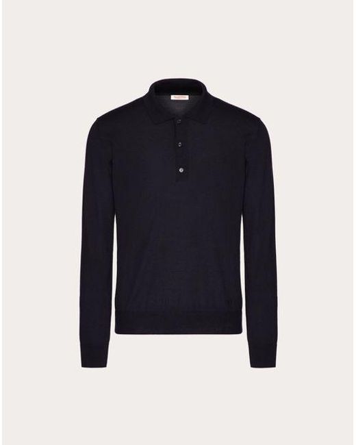Valentino Blue Long-sleeve Cashmere And Silk Polo Shirt With Vlogo Signature Embroidery for men