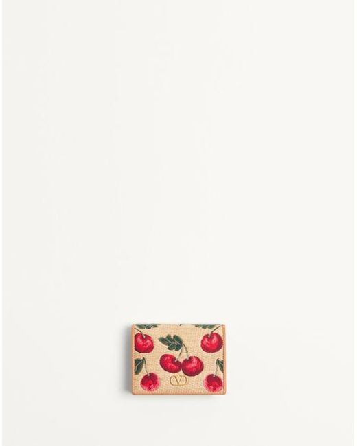 Valentino Garavani Vロゴ シグネチャー チェリフィックパターン ジャカードラフィア ウォレット 女性 ナチュラル/レッド White