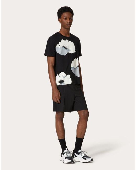 Valentino Black Cotton T-shirt With Flower Portrait Print for men