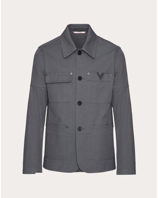 Valentino Gray Stretch Cotton Canvas Jacket With Metallic V Detail for men