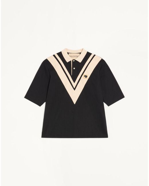 Valentino Black Cotton Polo With Inlaid V And Embroidered Panther Patch for men