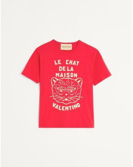 Valentino Red Cotton T-Shirt With Le Chat De La Maison Print for men
