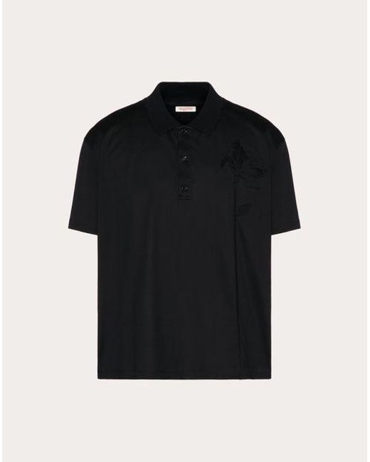 Valentino Black Mercerised Cotton Polo Shirt With Flower Embroidery for men