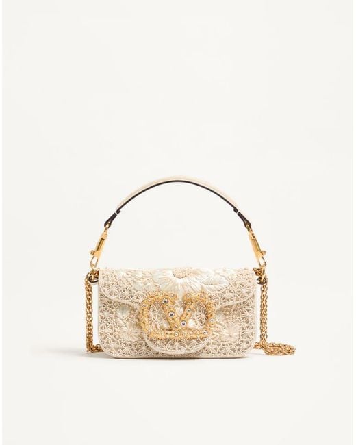 Valentino Garavani Natural Locò Small Embroidered Shoulder Bag With Jewel Logo