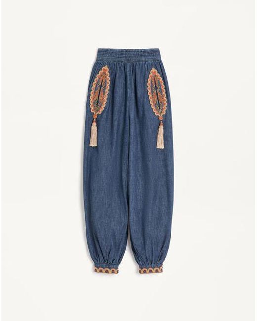 Pantalón Globo De Chambray Bordado Mujer Valentino de color Blue