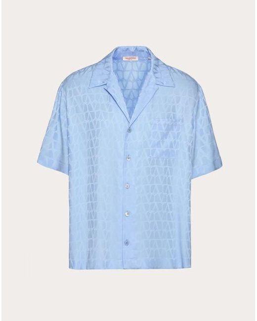Valentino Blue Silk Bowling Shirt With Toile Iconographe Pattern for men