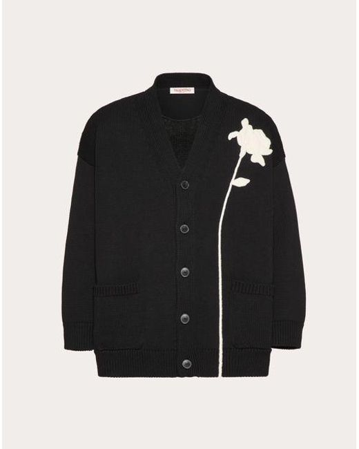 Valentino Black Cotton Cardigan With Flower Embroidery for men