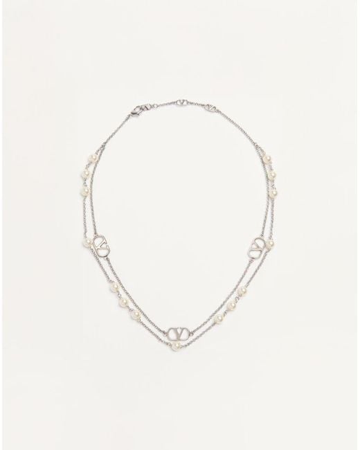 Valentino Garavani Natural Vlogo Signature Metal Necklace With Swarovski Pearls