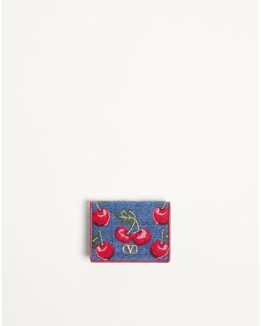 Valentino Garavani White Vlogo Signature Denim Wallet With Cherryfic Embroidery