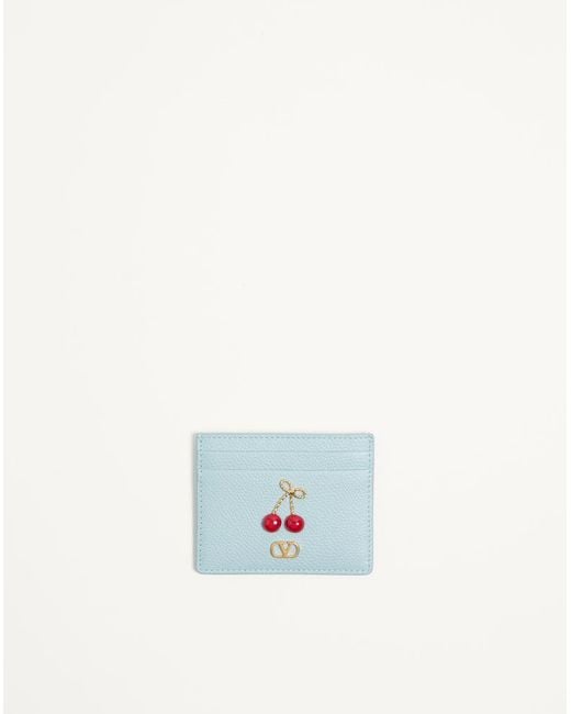 Valentino Garavani Blue Cherryfic Grainy Calfskin Cardholder