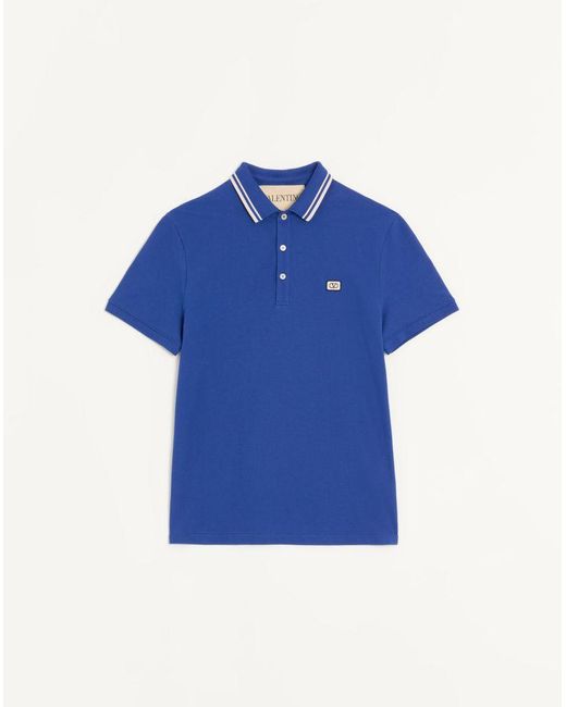 Valentino Blue Cotton Piqué Polo Shirt With Vlogo Patch for men