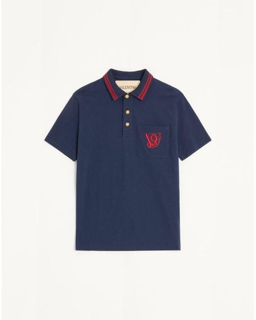 Valentino Blue Cotton Piqué Polo Shirt With Vg Embroidery for men