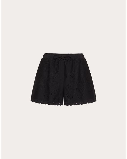 Valentino Black Shorts In Cotton Guipure Jardin Plat