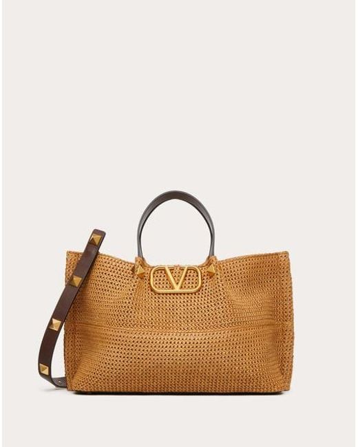 Valentino Garavani Brown Medium Shopping Bag In Synthetic Raffia