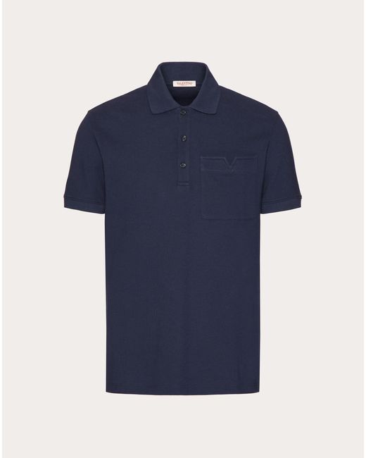Valentino Blue Cotton Piqué Polo Shirt With Topstitched V Detail for men