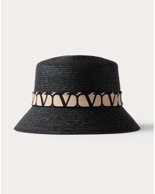 Valentino Garavani Black Straw Bucket Hat With Toile Iconographe Twilly