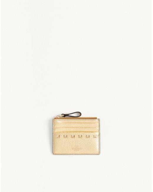 Valentino Garavani Natural Rockstud Laminated Grainy Calfskin Card Holder With Zip