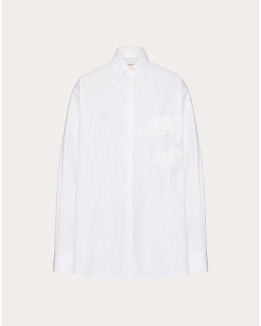 Valentino White Long-sleeved Cotton Poplin Shirt With Embroidered Pleated Flower for men