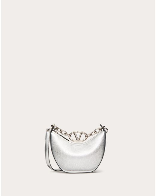 Valentino Garavani White Vlogo Moon Mini Hobo Bag In Metallic Grainy Calfskin With Chain