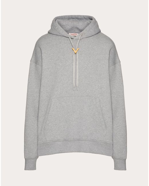 Valentino Gray Cotton Hoodie With Metallic V Detail for men