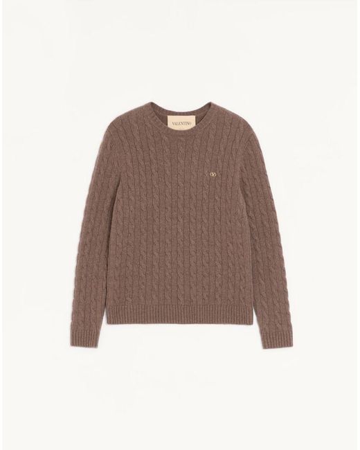 Valentino Brown Cashmere Cable-Knit Pullover With Vlogo for men