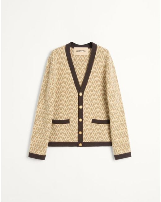 Valentino Natural Wool Cardigan With Toute La V Pattern for men